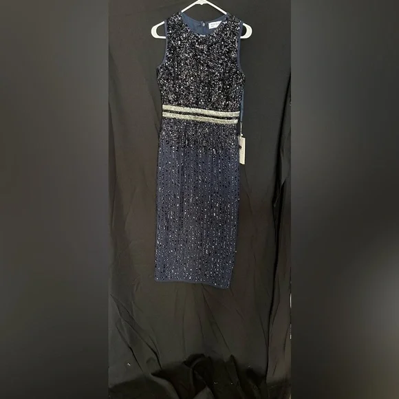 Mac Duggal 10509 NWOT SLEEVELESS HIGH NECK BEADED MIDI SHEATH DRESS